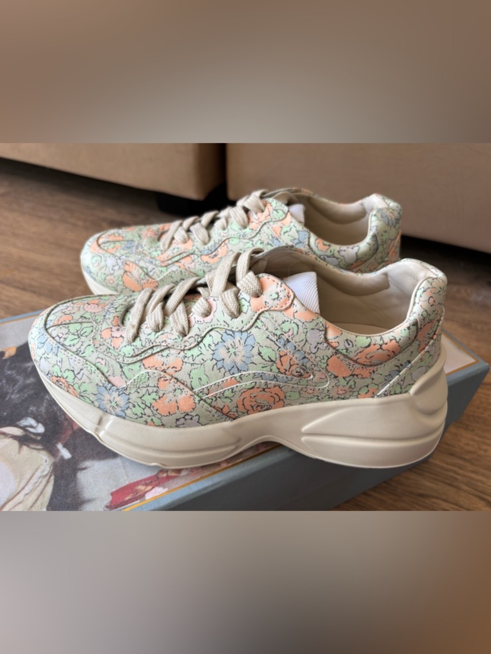Gucci Floral Pastel Rhyton Sneakers in Mint, Peach, and Cream